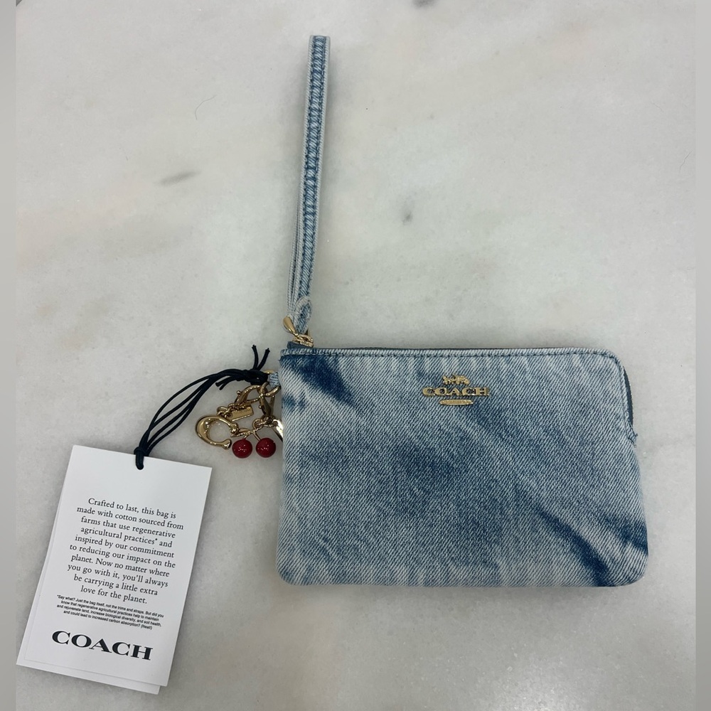 Corner Zip Wristlet In Loved Denim With Charms